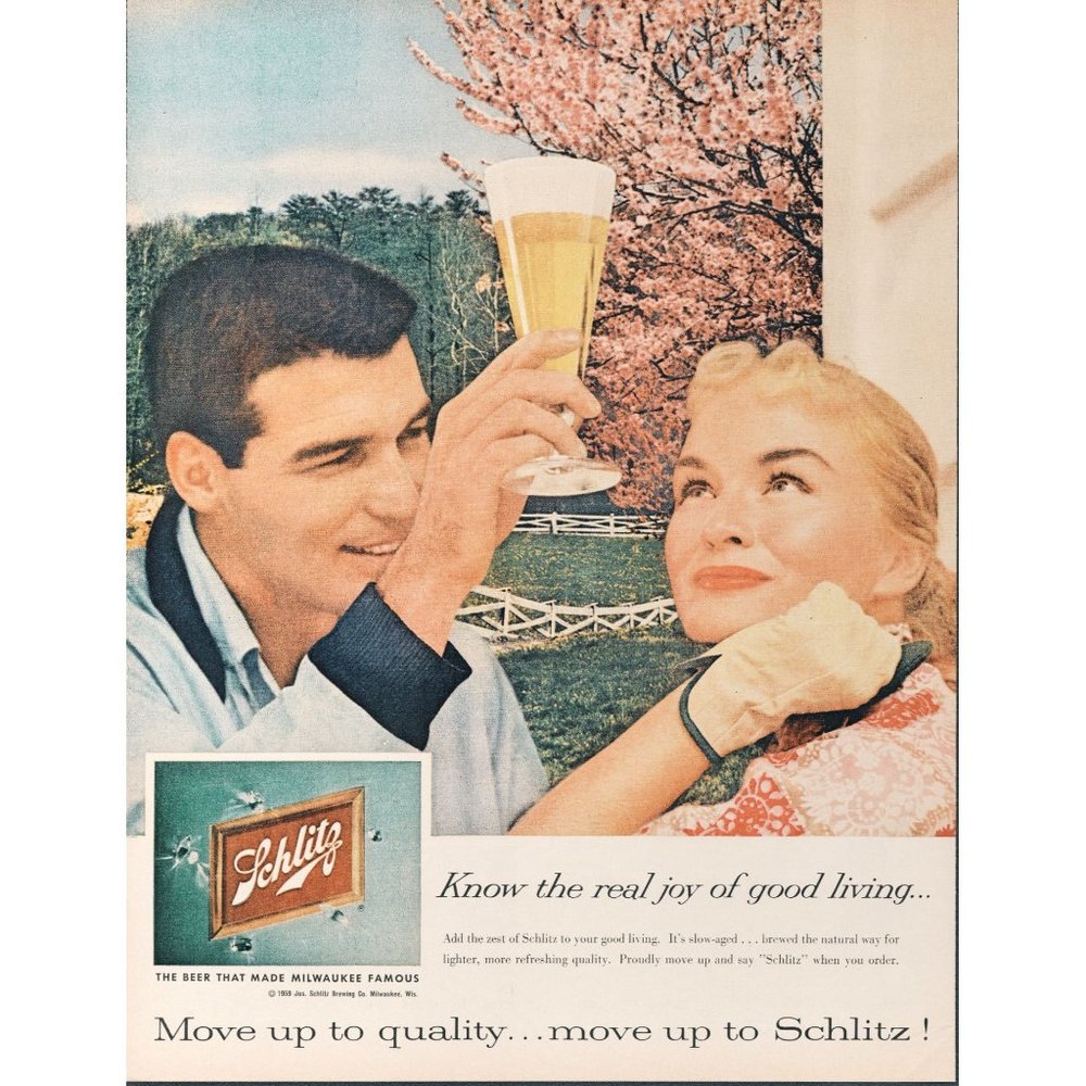 1959 Schlitz Beer Vintage Print Ad Springtime White Fence Magnolia Blooms Photo
